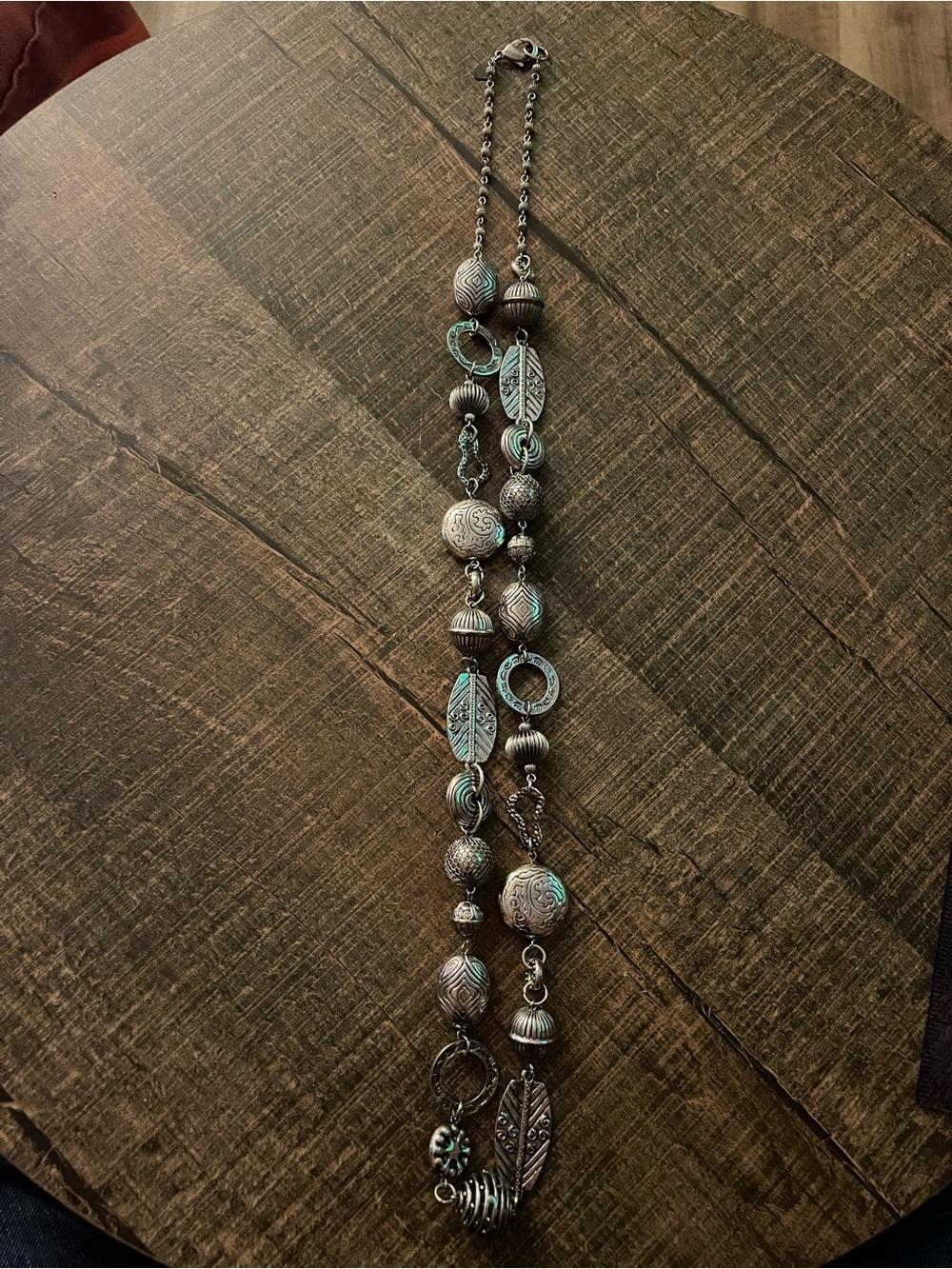 Chico's Silver-Tone Leaf & Bead Necklace with Turquoise Patina Accents
